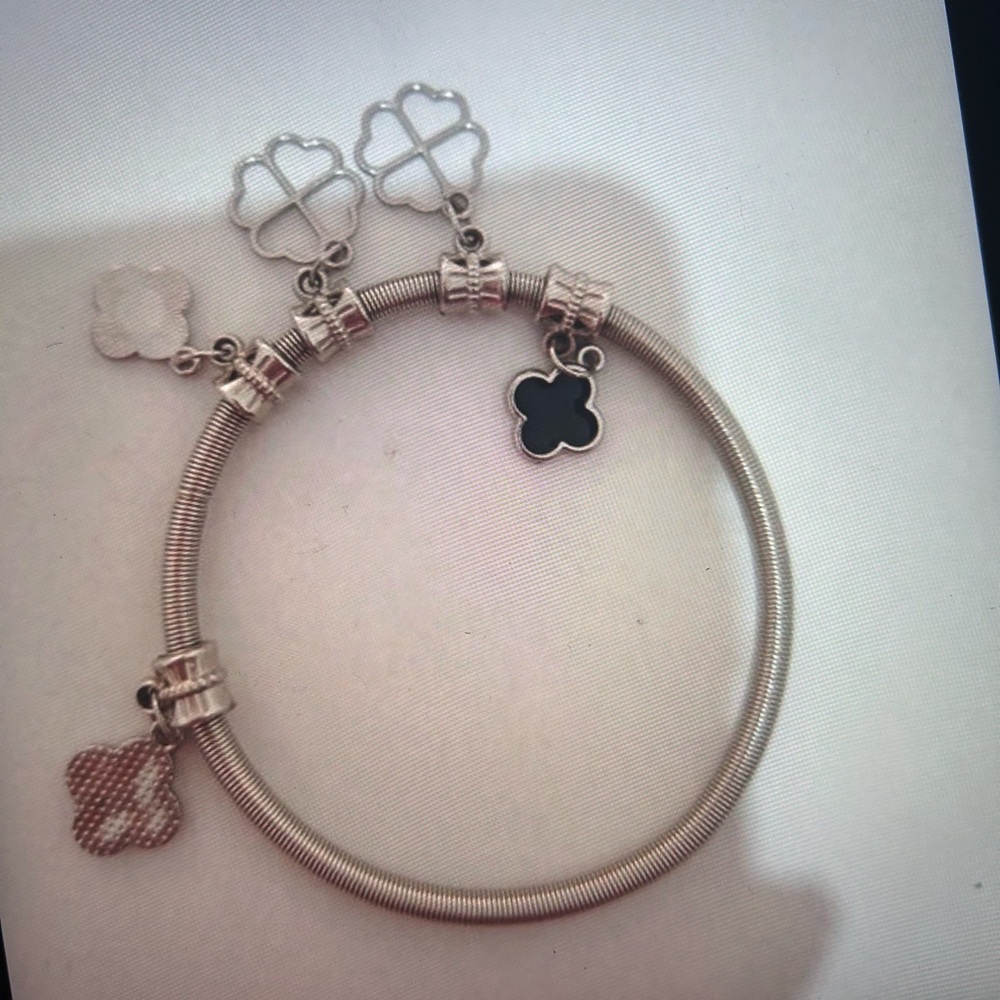 Silver-Tone Four-Leaf Clover Charm Bangle Bracelet - Women's Watch Accessory